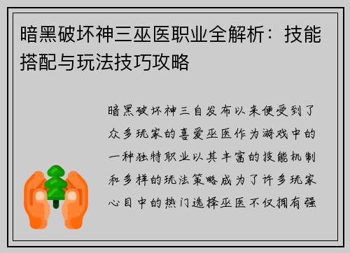 暗黑破坏神三巫医职业全解析：技能搭配与玩法技巧攻略